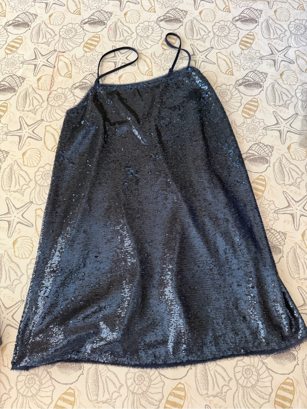 Lee Navy Blue Sequin Slip Dress with Black Trim
